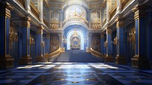 A Realistic Fantasy Blue Interior Of The Royal Palace. Golden Blue Palace. Castle Interior
