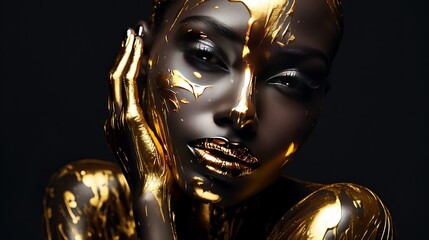 Wall Mural - Fashion art. Beauty woman painted in black gold skin color body, gold makeup, lips, eyelids in gold color paint. Body art. Beauty gold metallic body, painted Skin