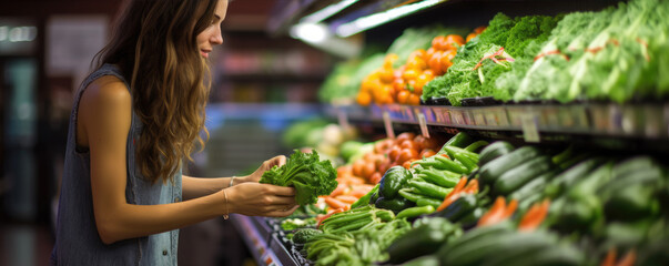 Young woman on the market near vegetable shelves.  wide banner