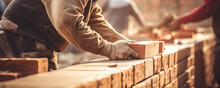 Close Up Hands Of Bricklayer, Construction Worker Laying Bricks,