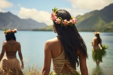 Rear View Of A Pacific Islander Woman In A Traditional Grass Skirt And Floral Garland Standing On The Shores Of A Crystal-clear Lagoon, Muted Colors,