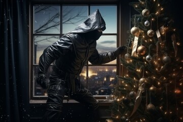 Robber black mask xmas tree. Generate Ai