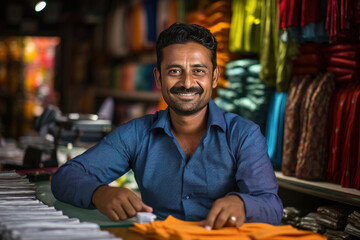 Wall Mural - Indian cloth market - Happy cloth merchant or shopkeeper sitting at counter looking at camera