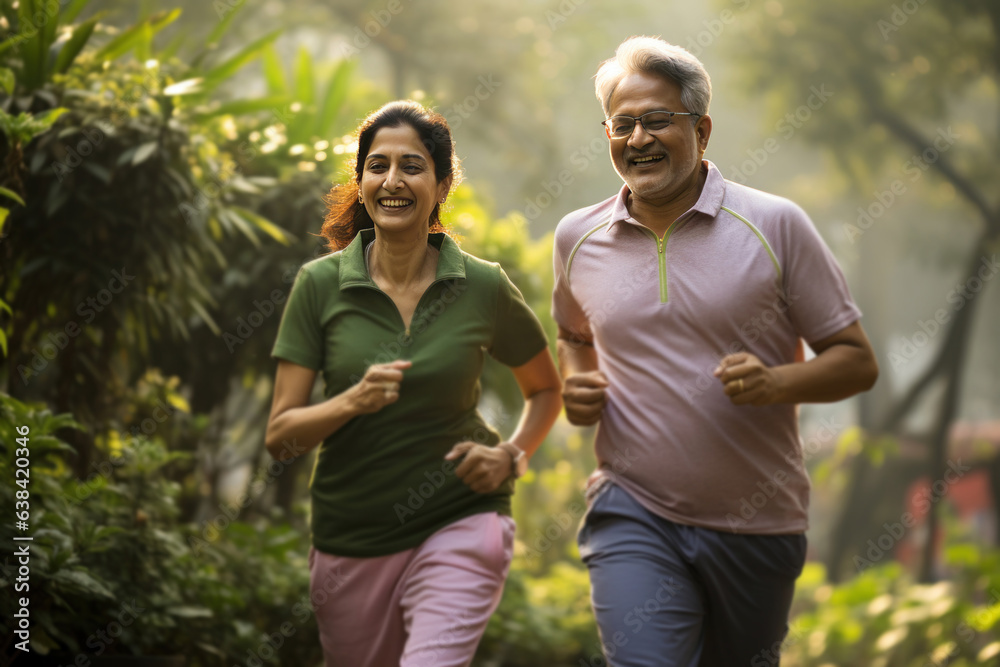 Indian happy senior couple jogging or taking a walk in the park Stock ...