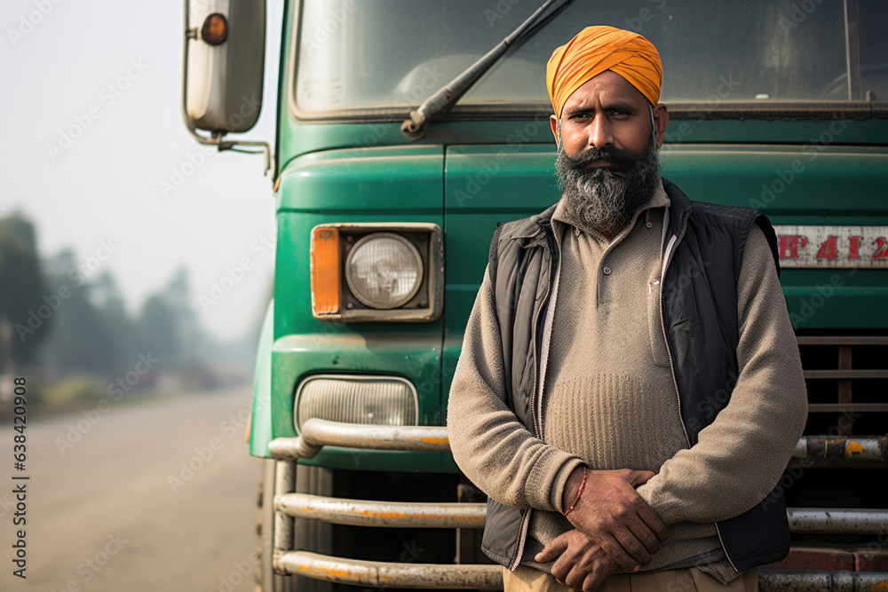 Indian happy hardworking truck driver standing in front of his truck ...