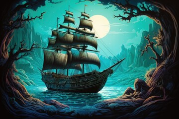 Wall Mural - Landscape with pirate ship on an island, illustration style, fantasy concept. Generative AI