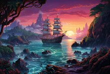 Landscape With Pirate Ship On An Island, Illustration Style, Fantasy Concept. Generative AI