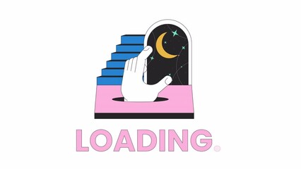 Poster - Fantasy surreal night line 2D loading animation. Hand hanging moon in sky animated cartoon linear concept 4K video loader motion graphic. Holding moon esoteric. Staircase crescent download process gif