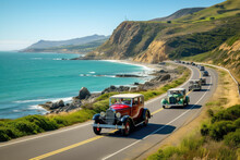 Vintage Car Rally On A Scenic Coastal Route - Generative AI