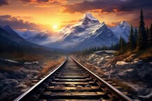 Landscape With Railroad Track, Sunset And Mountains. Generative AI