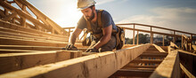 Roof Worker Or Carpenter Building A Wood Structure House Construction.