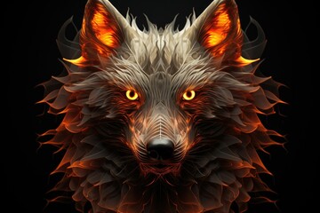 Wall Mural - Fierce wolf face digital illustration, dark background Generative AI