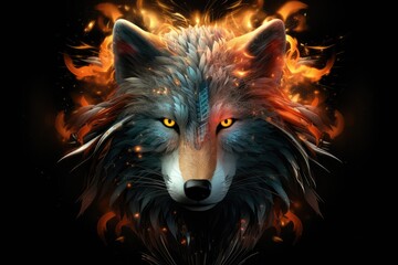 Wall Mural - Fierce wolf face digital illustration, dark background Generative AI