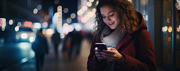 Woman using smartphone walking in dark or night city.