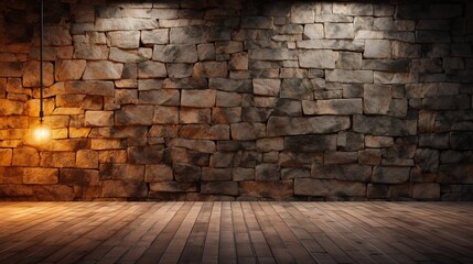  Empty stone wall and wooden floor, Generative AI
