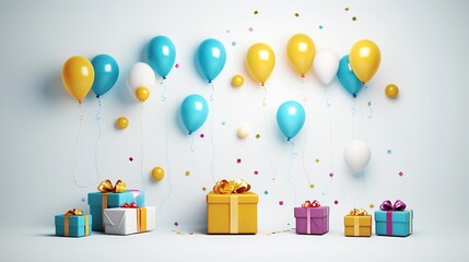 Happy birthday ! A free space for text, birth day celebrations event. Pastel style. Colorful balloons and gift box. Generative AI