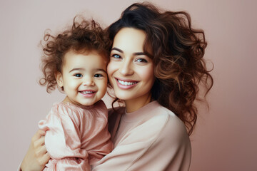 Mother and little kid daughter isolated on pastel background, Mother's Day love family parenthood childhood concept