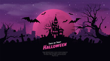 Halloween Background With Cemetery, Full Moon And Flying Bats And Purple Sky. Vector Illustration.