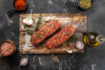 Wall Mural - lula kebab from raw meat, healthy and balanced eating. place for text, top view