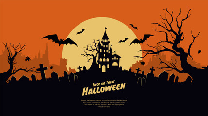 halloween background with castle, graveyard and bats. vector illustration.