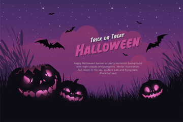 Poster - Halloween background with cemetery, full moon and flying bats and purple sky. Vector illustration.