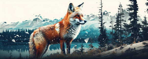 Wild red fox on wite background in wild nature. Fox design or graphic for t-shirt printing.