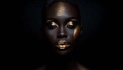 Wall Mural - close up cosmetic fashion face shot of African dark skin woman wearing golden make up glow in metallic color, Generative Ai