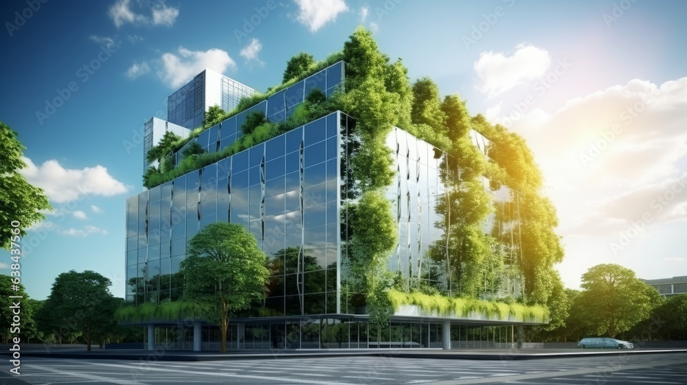 eco friendly building in the modern city. green tree branches with ...