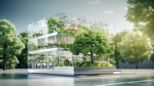 Eco Friendly Building In The Modern City. Green Tree Branches With Leaves And Sustainable Glass Building For Reducing Heat And Carbon Dioxide. Office Building With Green Environment.