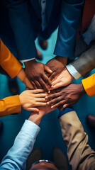 a mixed-race group with different skin color and colored suits in a circle with hands on top of one 