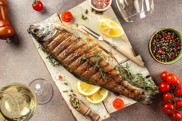 Wall Mural - grilled trout fish, Restaurant menu, dieting, cookbook recipe top view