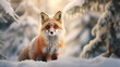 © ekim - Red fox in snowy winter landscape against blurred forest background.