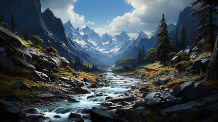 A River Rushing Through A Snowy Winter Alps Ravine Winter Trees Falling Snow AI Generative