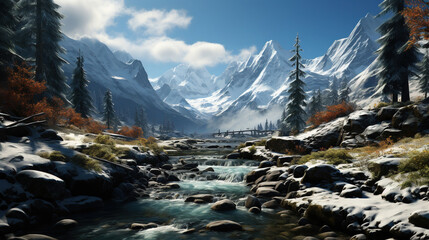 A River Rushing Through A Snowy Winter Alps Ravine Winter Trees Falling Snow AI Generative