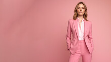 A Young Blond Woman In Pink Clothing Stands Against A Solid Pink Background. Studio. Isolated Pink Background. Generative AI.