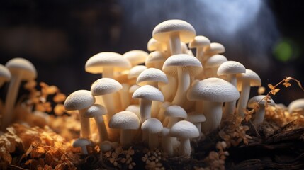Wall Mural - A cluster of mushrooms on a mossy forest floor