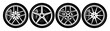 A set of four wheels with different rims. Template for design. Monochrome vector illustration