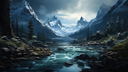 Wall Mural - Alps Snow Mountains and Floating River Moody Landscape Background AI Generative