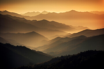 Wall Mural - Layer of mountain at sunset generative AI