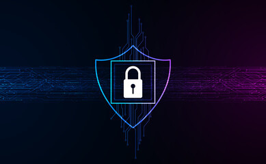 Poster - Abstract padlock digital circuit board concept cyber theft protection cyber security On a modern blue-purple background