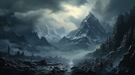 A River Rushing Through A Snowy Winter Alps Ravine Winter Trees Falling Snow AI Generative