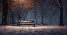 Night Winter Cold Park With A Bench And A Lantern