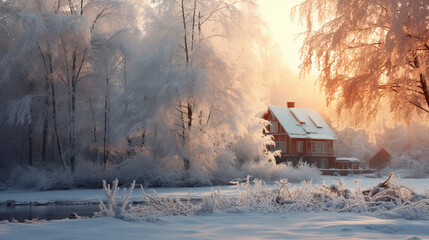 Cozy winter landscape, golden hour, snow and forest and a house in the forest