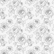 Seamless pattern with line art roses, buds and leaves. Beautiful blossoming hand drawn flower on white background. Abstract wallpaper. Vector stock illustration	