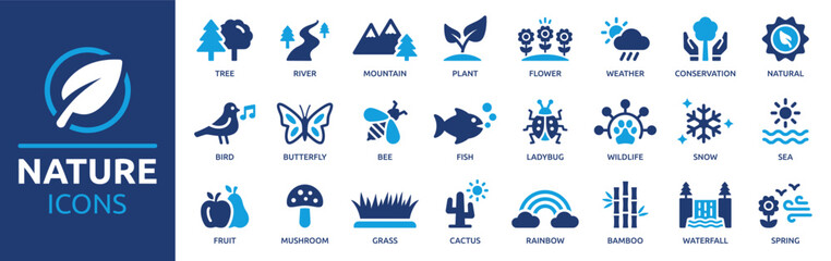 nature icon set. containing river, mountain, plant, tree, flower, weather, wildlife, bird, butterfly