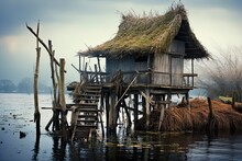 Dilapidated Hut On Stilts Over Water With Raw And Wicker Details: Generative AI