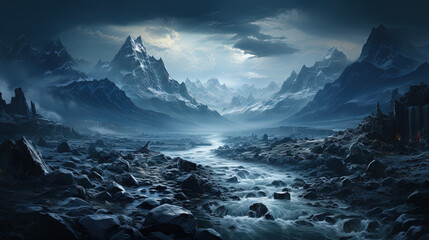 A River Rushing Through A Snowy Winter Alps Ravine Winter Trees Falling Snow AI Generative