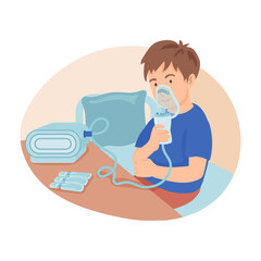 little boy using nebulizer in hospital vector illustration. child with oxygen mask treating lungs or