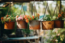 DIY Rusty Plant Pots With Colorful Flowers Hanging On A Branch. Amazing Low Waste Garden Design.  