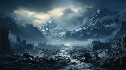A River Rushing Through A Snowy Winter Alps Ravine Winter Trees Falling Snow AI Generative